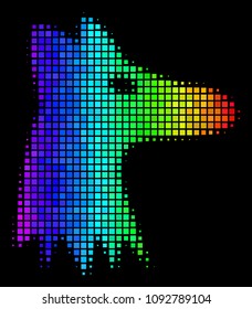 Dotted bright halftone fox head icon using rainbow color shades with horizontal gradient on a black background. Multicolored vector mosaic of fox head symbol composed with rectangle elements.