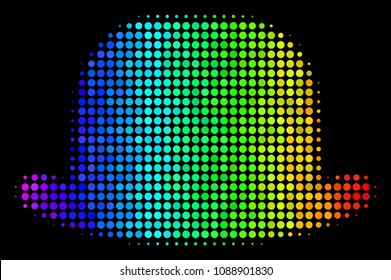 Dotted bright halftone gentleman hat icon using rainbow color tints with horizontal gradient on a black background. Colorful vector concept of gentleman hat symbol designed with circle dots.