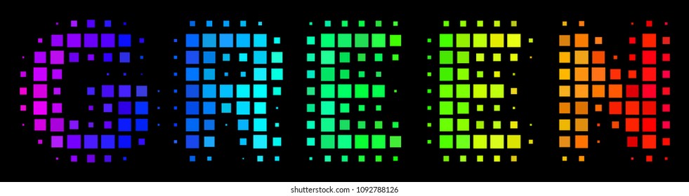 Dotted bright halftone green text icon using spectrum color hues with horizontal gradient on a black background. Colorful vector composition of green text illustration designed with square dots.