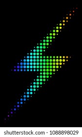 Dotted bright halftone lightning icon drawn with rainbow color tinges with horizontal gradient on a black background. Colorful vector concept of lightning symbol constructed of round dots.