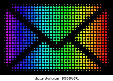 Dotted bright halftone mail envelope icon in rainbow color tones with horizontal gradient on a black background. Colorful vector concept of mail envelope illustration organized with circle items.