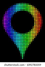 Dotted bright halftone map marker icon drawn with rainbow color variations with horizontal gradient on a black background.