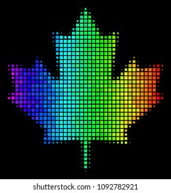 Dotted bright halftone maple leaf icon using spectral color shades with horizontal gradient on a black background. Color vector mosaic of maple leaf pictogram constructed from square particles.