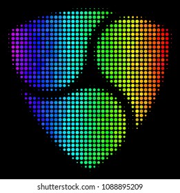 Dotted bright halftone NEM icon using spectral color variations with horizontal gradient on a black background. Multicolored vector concept of NEM pictogram formed from circle cells.