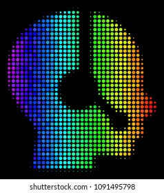 Dotted bright halftone operator icon drawn with spectrum color shades with horizontal gradient on a black background. Colorful vector composition of operator illustration composed from circle items.