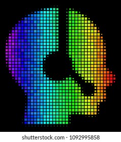Dotted bright halftone operator icon drawn with rainbow color tinges with horizontal gradient on a black background.