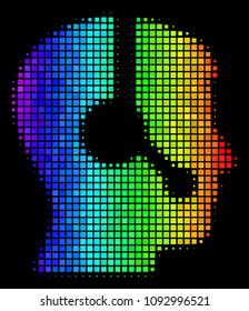 Dotted bright halftone operator icon drawn with rainbow color tones with horizontal gradient on a black background. Colorful vector composition of operator pictogram composed of square dots.