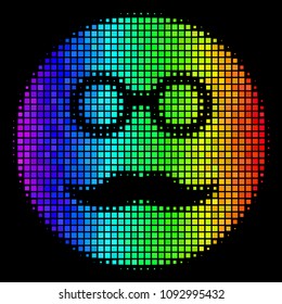 Dotted bright halftone pension smiley icon drawn with spectrum color shades with horizontal gradient on a black background.
