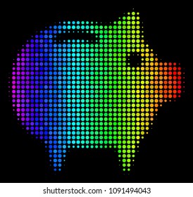 Dotted bright halftone piggy bank icon drawn with spectral color hues with horizontal gradient on a black background. Color vector pattern of piggy bank pictogram organized with round particles.