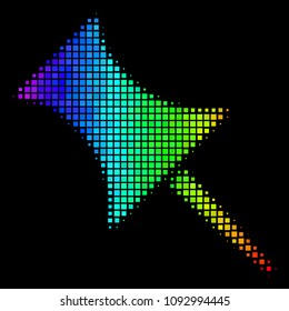 Dotted bright halftone pin icon drawn with spectral color tinges with horizontal gradient on a black background. Colorful vector concept of pin pictogram created from rectangle cells.
