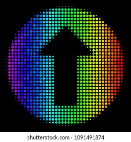 Dotted bright halftone rounded arrow icon in spectral color hues with horizontal gradient on a black background. Color vector mosaic of rounded arrow pictogram formed of round dots.