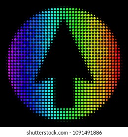 Dotted bright halftone rounded arrow icon using rainbow color tones with horizontal gradient on a black background. Colored vector composition of rounded arrow illustration combined from round items.