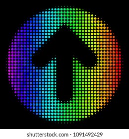 Dotted bright halftone rounded arrow icon in rainbow color tinges with horizontal gradient on a black background. Color vector pattern of rounded arrow pictogram formed of spheric items.