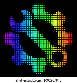 Dotted bright halftone service tools icon using rainbow color tones with horizontal gradient on a black background. Color vector collage of service tools symbol designed from square pixels.