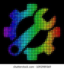Dotted bright halftone service tools icon drawn with spectrum color shades with horizontal gradient on a black background. Colored vector composition of service tools symbol made of square dots.
