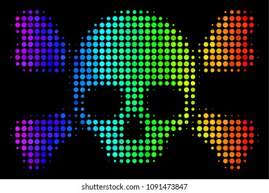Dotted bright halftone skull crossbones icon using spectral color tones with horizontal gradient on a black background. Bright vector collage of skull crossbones illustration done with circle dots.