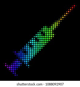 Dotted bright halftone syringe icon drawn with spectral color shades with horizontal gradient on a black background. Colorful vector composition of syringe illustration designed of spheric elements.