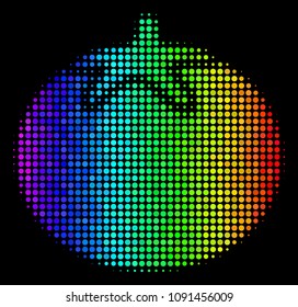 Dotted bright halftone tomato vegetable icon using spectral color tinges with horizontal gradient on a black background.