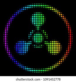 Dotted bright halftone WMD nerve agent chemical warfare icon drawn with rainbow color tinges with horizontal gradient on a black background.
