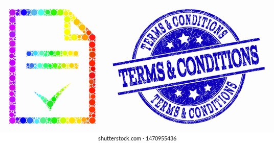 Dotted bright spectral agreement page mosaic icon and Terms & Conditions seal stamp. Blue vector rounded scratched seal stamp with Terms & Conditions text. Vector composition in flat style.