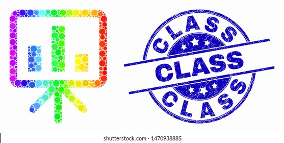 Dotted bright spectral bar chart presentation mosaic pictogram and Class watermark. Blue vector rounded scratched seal stamp with Class phrase. Vector combination in flat style.