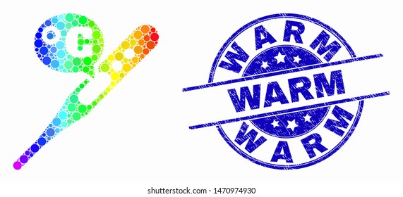 Dotted bright spectral celsius thermometer mosaic icon and Warm seal stamp. Blue vector round scratched stamp with Warm title. Vector collage in flat style.