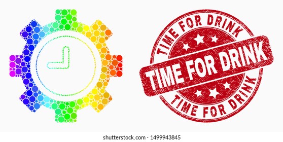 Dotted bright spectral clock settings gear mosaic pictogram and Time for Drink watermark. Red vector round distress watermark with Time for Drink title. Vector collage in flat style.