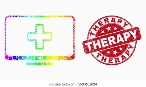 Dotted bright spectral computer medicine mosaic icon and Therapy seal stamp. Red vector rounded textured seal with Therapy phrase. Vector collage in flat style.