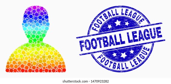 Dotted bright spectral customer mosaic icon and Football League seal. Blue vector round grunge seal with Football League text. Vector combination in flat style.