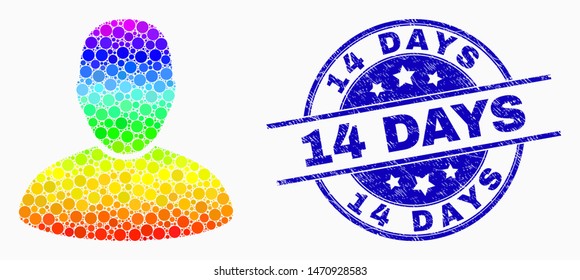 Dotted bright spectral customer mosaic pictogram and 14 Days seal stamp. Blue vector round scratched seal stamp with 14 Days message. Vector composition in flat style.