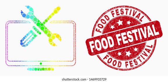Dotted bright spectral desktop tools mosaic pictogram and Food Festival seal stamp. Red vector rounded grunge seal stamp with Food Festival text. Vector combination in flat style.