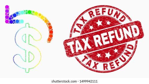 Dotted bright spectral dollar refund mosaic pictogram and Tax Refund stamp. Red vector rounded scratched seal stamp with Tax Refund caption. Vector combination in flat style.