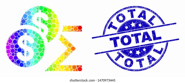 Dotted bright spectral dollar sum mosaic pictogram and Total stamp. Blue vector round distress seal stamp with Total message. Vector combination in flat style.