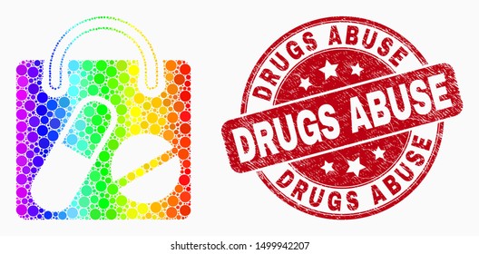 Dotted bright spectral drugs shopping bag mosaic icon and Drugs Abuse stamp. Red vector round textured seal with Drugs Abuse title. Vector composition in flat style.
