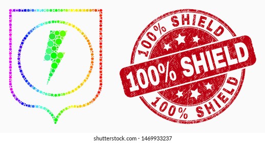 Dotted bright spectral electric shield mosaic pictogram and 100% Shield watermark. Red vector round grunge watermark with 100% Shield title. Vector collage in flat style.