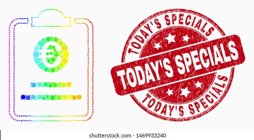 Dotted bright spectral euro price pad mosaic pictogram and Today'S Specials watermark. Red vector round grunge watermark with Today'S Specials phrase. Vector combination in flat style.