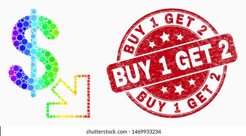 Dotted bright spectral export dollar mosaic icon and Buy 1 Get 2 seal stamp. Red vector round grunge seal with Buy 1 Get 2 text. Vector composition in flat style.