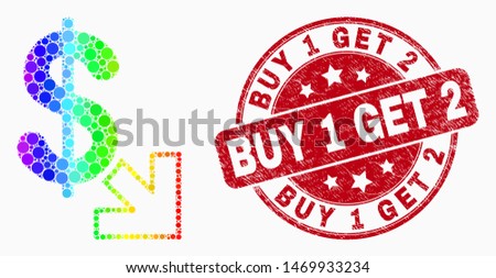 Dotted bright spectral export dollar mosaic icon and Buy 1 Get 2 seal stamp. Red vector round grunge seal with Buy 1 Get 2 text. Vector composition in flat style.