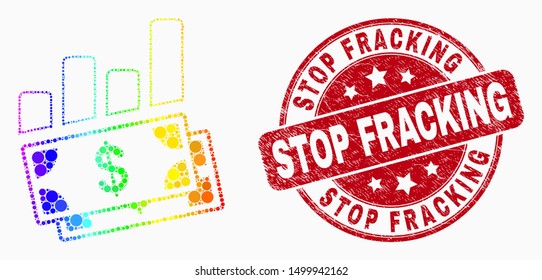 Dotted bright spectral financial charts mosaic pictogram and Stop Fracking stamp. Red vector rounded textured stamp with Stop Fracking caption. Vector combination in flat style.