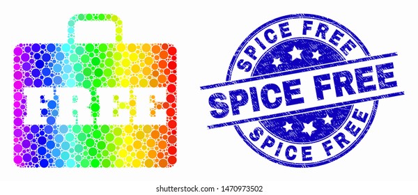 Dotted bright spectral free case mosaic icon and Spice Free seal stamp. Blue vector round textured stamp with Spice Free title. Vector combination in flat style.