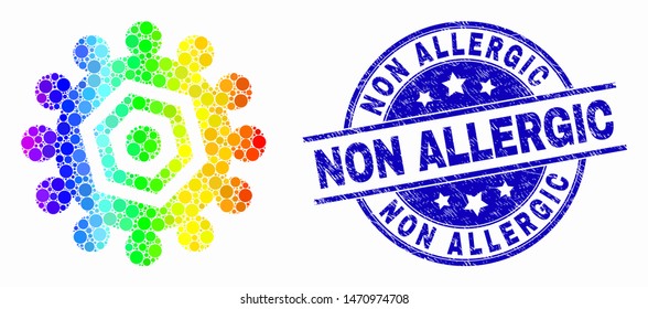 Dotted bright spectral gear mosaic pictogram and Non Allergic seal stamp. Blue vector rounded textured stamp with Non Allergic text. Vector collage in flat style.