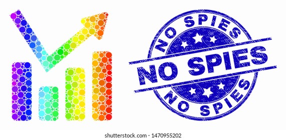 Dotted bright spectral graph chart mosaic icon and No Spies seal stamp. Blue vector rounded scratched seal stamp with No Spies message. Vector collage in flat style.