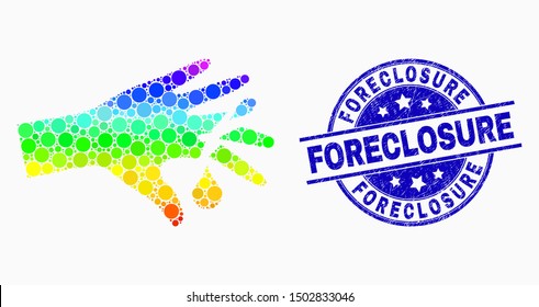 Dotted bright spectral hand wound mosaic pictogram and Foreclosure seal stamp. Blue vector rounded textured seal with Foreclosure caption. Vector composition in flat style.