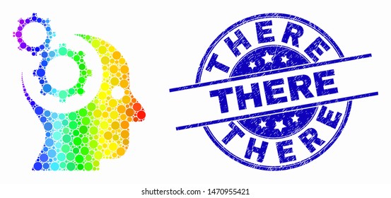 Dotted bright spectral head gears mosaic pictogram and There seal stamp. Blue vector rounded textured stamp with There message. Vector combination in flat style.