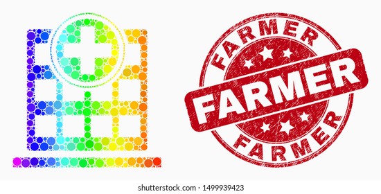 Dotted bright spectral hospital building mosaic icon and Farmer seal stamp. Red vector rounded grunge seal with Farmer phrase. Vector collage in flat style.