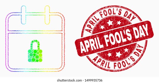 Dotted bright spectral lock calendar page mosaic pictogram and April Fool'S Day seal stamp. Red vector rounded scratched seal with April Fool'S Day caption. Vector combination in flat style.