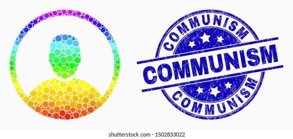 Dotted bright spectral man rounded portrait mosaic icon and Communism seal. Blue vector rounded textured seal stamp with Communism text. Vector combination in flat style.