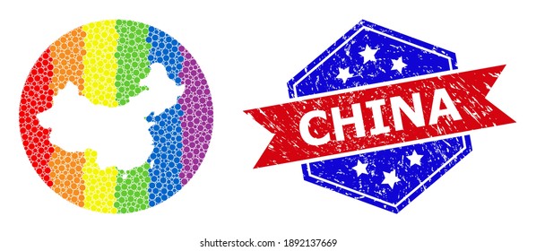 Dotted bright spectral map of China mosaic created with circle and hole, and textured seal stamp. LGBT spectrum colored dots around empty map of China. Bicolor stamp seal uses red and blue colors,