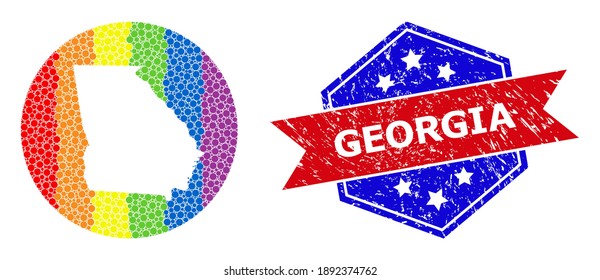 Dotted bright spectral map of Georgia State mosaic created with circle and carved shape, and scratched seal stamp. LGBTQ spectrum colored pixels around empty map of Georgia State.