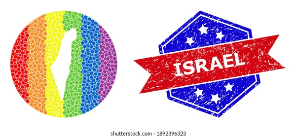 Dotted bright spectral map of Israel mosaic created with circle and hole, and distress seal stamp. LGBT rainbow colored dots around empty map of Israel. Bicolor stamp print uses red and blue colors,